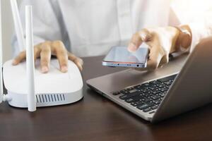 businessmen is to use the internet network connectivity using wifi and 5G or wifi7 in business and industry 5.0 photo