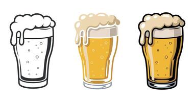 Three Variations of a Pint of Beer Illustration Outline Yellow and Full Color vector
