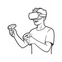 Man Wearing VR Headset and Holding Controllers Engaging in Virtual Reality Experience vector