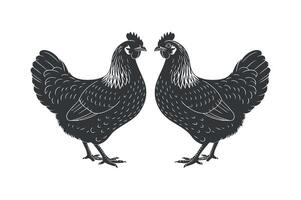 Two hens facing each other in a symmetrical black and white vector