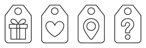 Four Simple Line Art Gift Tags with Gift Box Heart Location and Question Mark Icons vector