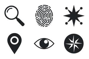 Collection of Six Essential Black Icons Representing Search Magnifying Glass Fingerprint Location Eye Compass Navigation vector