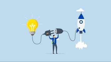 Entrepreneur business idea creating startup company, 4k animation of businessman connect lightbulb idea with launching rocket. video