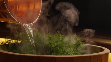 Breathing Aroma Of Juniper In Steam Bath, Aromatherapy In Sauna, Enjoy Relaxation, Pouring Hot Water video