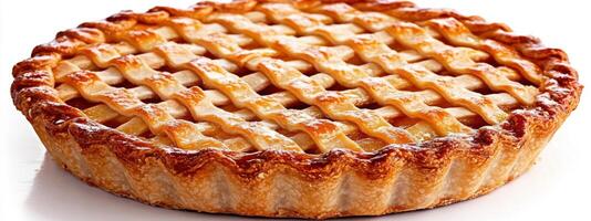 A Golden Brown Lattice Top Apple Pie on White Background photo