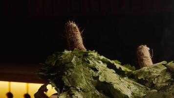 Closeup View Of Oak Brooms Streaming In Steam Bath, Enjoy Warming In Sauna, Traditional Spa video