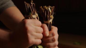 Enjoy True Russian Steam Bath, Closeup View Of Birch Brooms In Hands Of Bath Attendant, Relaxation video