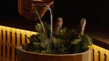 Relax In Steam Bath, Closeup View Of Steam Oak Broom In Sauna, Be Healthy And Relaxed, SPA Treatment video