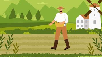 Illustration of Farmer Standing in Field with Windmill, 2D Explainer Cartoon Animation in 4K Resolution for Agriculture and Rural Storytelling video