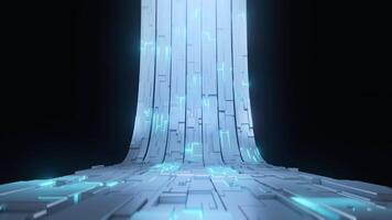 Curved tech floor and wall with glowing blue lines and abstract geometry in a dark futuristic space video