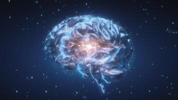 Futuristic digital brain glowing with neural data connections and light particles in dark blue space video