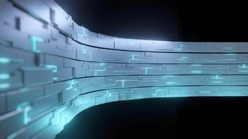 Curved abstract tech wall with glowing blue lines and geometric shapes in a dark futuristic space video