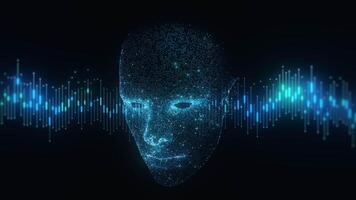 3D AI face with glowing data streams and financial chart bars, symbolizing AI support in financial analysis video