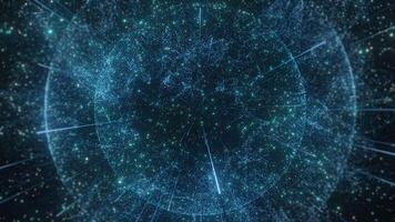 3D digital globe made of glowing particles and light trails, symbolizing global data network and technology video