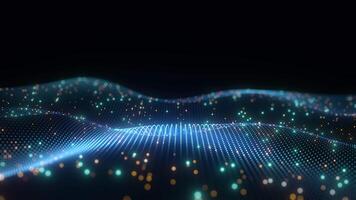 Abstract tech wave with glowing dots and light particles on dark background, representing digital flow and data video