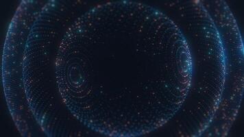 Futuristic sphere made of glowing digital particles and rings, representing tech, data, or AI visualization video