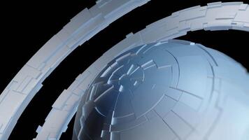 Futuristic sphere with rotating segmented rings and glowing tech elements in dark digital space video