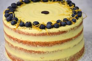 Elegant Lemon Blueberry Layer Cake a vibrant yellow lemon frosting, and a decorative topping of blueberries, lemon zest, and poppy seeds isolated on grey background closeup side view of baked dessert photo