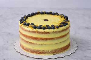 Elegant Lemon Blueberry Layer Cake a vibrant yellow lemon frosting, and a decorative topping of fresh blueberries, lemon zest, and poppy seeds isolated on grey background side view of baked dessert photo