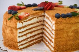 Layered Medovik Honey Cake with strawberry and blueberry slice isolated on grey background closeup side view of classic delicious cafe dessert photo
