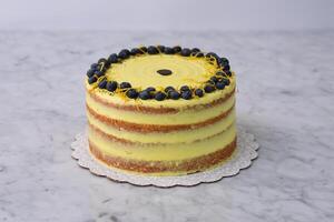 Elegant Lemon Blueberry Layer Cake a vibrant yellow lemon frosting, and a decorative topping of blueberries, lemon zest, and poppy seeds isolated on grey background side view of baked cafe dessert photo