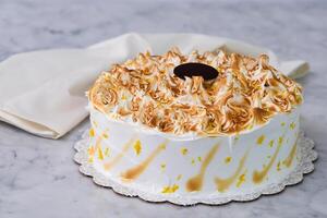 Toasted Lemon Meringue Layer Cake featuring moist cake layers with a tangy lemon filling with napkin isolated on grey background side view of dessert photo