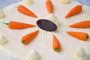 Decorated Carrot Cake, featuring moist and spiced cake layers covered in smooth cream cheese frosting closeup view of delicious cake photo