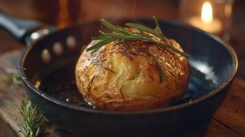 Close-up of a mouthwatering baked potato garnished with rosemary in a frying pan on a table. photo