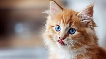 An orange cat with blue eyes sticking its tongue out photo