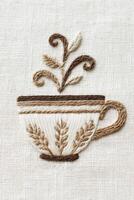 Embroidered cup design featuring delicate floral elements and intricate stitching, showcasing craftsmanship and artistic expression in textile art with a soft neutral background photo