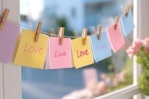 Colorful sticky notes with motivational words 'Love' and 'Live' hanging on a string, symbolizing positivity and healing in a bright, serene indoor environment photo