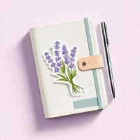 Notebook with lavender flower illustration on cover, accompanied by a silver pen, placed on a soft pastel pink background, creating a serene and artistic workspace atmosphere photo