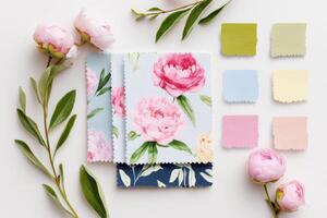 Floral fabric swatches featuring peonies in soft pastel colors, surrounded by greenery and color samples, creating a vibrant and artistic design atmosphere for creative projects photo