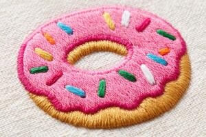 Embroidered pink donut patch with colorful sprinkles on a textured fabric background, showcasing intricate stitching and vibrant design elements for creative applications photo
