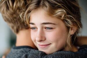 Young girl with blonde hair embraces a boy from behind, showcasing a warm and intimate atmosphere of care and connection in a soft, natural light setting photo