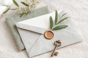 Elegant envelope with wax seal, accompanied by a vintage key and greenery, resting on textured fabric, creating a serene and inviting atmosphere for correspondence photo