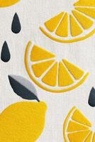Bright yellow embroidered lemons and lemon slices on a textured fabric background, showcasing vibrant colors and intricate stitching details in a playful design concept photo