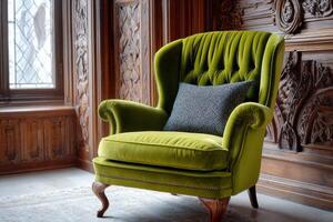 Elegant green velvet armchair with a decorative cushion, positioned in a vintage room featuring ornate wooden paneling and natural light streaming through a stained glass window photo
