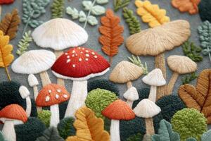 Colorful embroidery featuring various mushrooms and leaves, showcasing intricate stitching techniques and vibrant textures, creating a whimsical forest scene with artistic flair photo