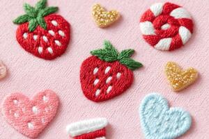 Colorful embroidery featuring strawberries, hearts, and candy on a soft pink fabric background, showcasing intricate stitching and playful design elements for creative projects photo