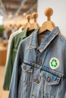 Denim jacket with a recycling symbol hangs on a wooden hanger in a modern retail store, showcasing sustainable fashion and eco-friendly clothing options for conscious consumers photo