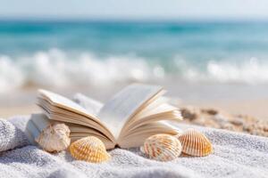 Open book resting on towel with seashells near the ocean on sunny beach photo
