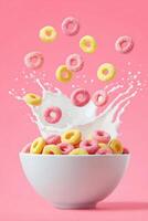Colorful cereal rings splash into a white bowl filled with milk, creating a dynamic scene against a vibrant pink background, showcasing a playful breakfast moment photo