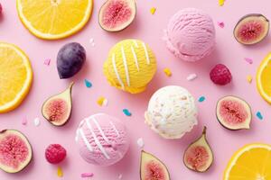 Colorful ice cream scoops in pink background, surrounded by fresh fruits like figs, oranges, and raspberries, creating a vibrant and appetizing dessert scene photo