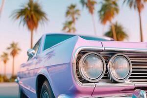Classic vintage car in vibrant pink color parked under palm trees, showcasing retro design and chrome details, evoking nostalgia and summer vibes in a sunny setting photo