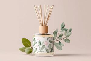 decorativo aroma difusor con natural cañas y floral diseño, rodeado por verde hojas, creando un calmante atmósfera para hogar decoración y relajación foto