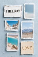 Collection of torn photographs showcasing serene landscapes with blue skies, sandy shores, and mountains, conveying themes of freedom and love in a visually appealing arrangement photo