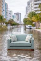 Sofa floating in flooded Miami Beach street after hurricane Ian photo