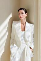 Elegant woman in a white tailored suit stands against a light wall, showcasing modern fashion style with soft shadows creating a serene atmosphere of sophistication and confidence photo