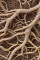 Intricate network of natural roots, showcasing their organic textures and earthy tones, intertwined against a soft brown background, representing growth and connection in nature photo